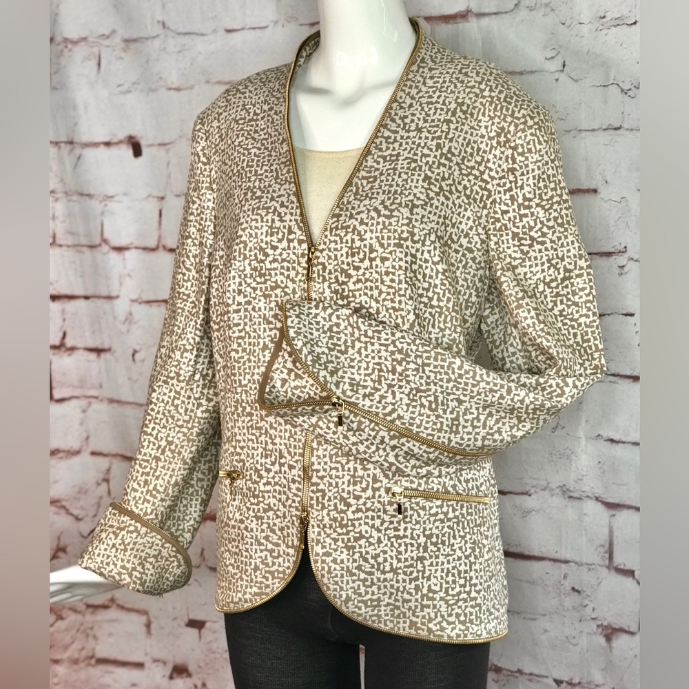 ESCADA M Tan & Cream print Gold Zipper detail Moto vibe Size EU 44 jacket blazer - Picture 14 of 15